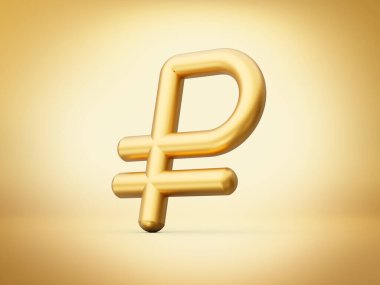 3D Altın Parlak Rus Para Birimi Simgesi, Altın Arkaplanda Parlak Altın Ruble, 3D İllüstrasyon
