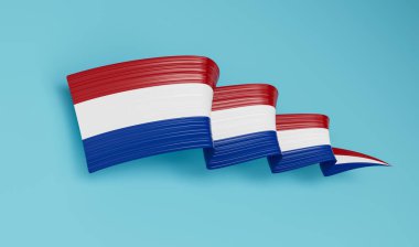 Hollanda 'nın 3d Bayrağı 3d Dalgalı Parlak Hollanda Kurdelesi Mavi Arkaplanda İzole Edildi, 3d illüstrasyon