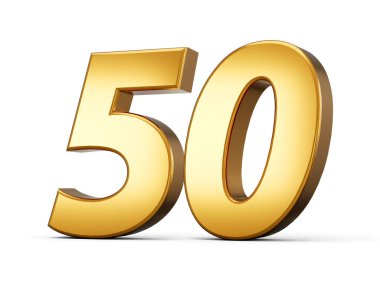 Altın metalik numara 50, beyaz arkaplan 3D illüstrasyon