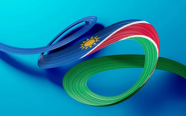 3d Flag of Namibia Country, 3d Wavy Ribbon Flag of Namibia on Blue Background, 3d illustration