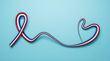 Hollanda 'nın 3D Bayrağı, Kalp Şeklinde Dalgalı Farkındalık Kurdelesi Mavi Arkaplanda, 3D Görüntü