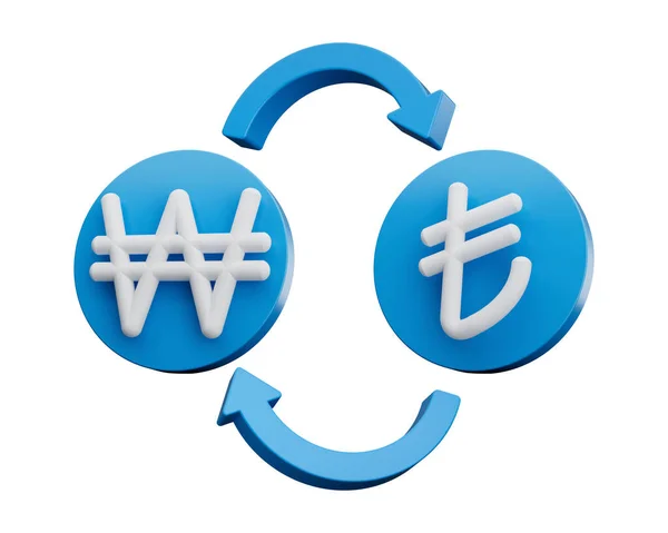 White Won和Lira Symbol Rounded Blue Icons Money Exchange Arrows Illustration — 图库照片