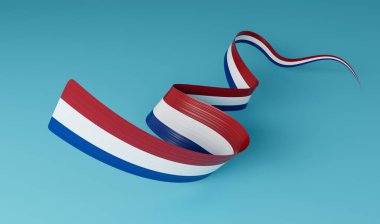 Hollanda 'nın 3d Bayrağı 3d Hollanda' nın Dalgalanan Kurdelesi Mavi Arkaplanda, 3d illüstrasyon