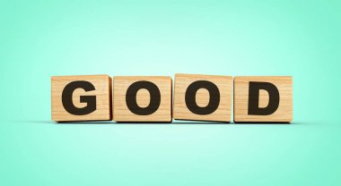 Ahşap bloklar üzerine iyi metin Pastel Yeşil Arkaplanda izole edilmiş, 3 boyutlu illüstrasyon