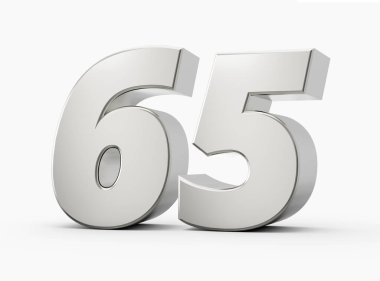 Gümüş 3D numara 65 65. 65. İzole edilmiş beyaz arkaplan 3d illüstrasyon