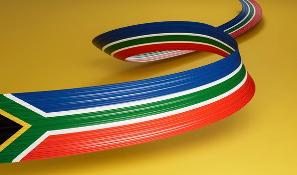 3d Flag Of South Africa, 3d Waving Ribbon Flag Of South Africa On Yellow Background, 3d illustration
