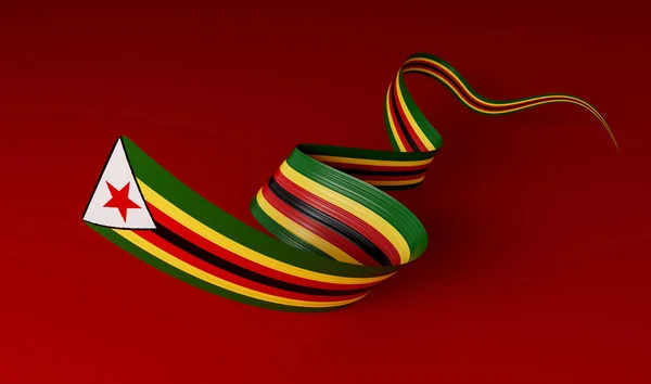 Flag Zimbabwe Shiny Wavy Ribbon Flag Star Isolated Red Background — 스톡 사진