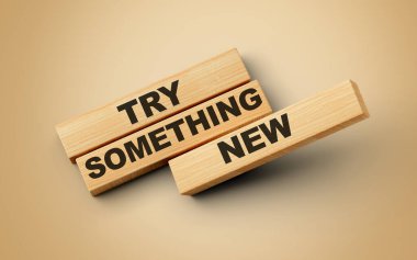 Açık kahverengi arkaplanda izole edilmiş tahta bloklar üzerinde yeni bir metin dene, 3D illüstrasyon