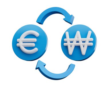 3d Beyaz Avro ve Para Takas Oklarıyla Yuvarlak Mavi Simgeler Üzerine Kazanan Sembol, 3d Görüntü