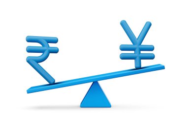 3d Beyaz INR ve Yen Sembolleri Yuvarlak Mavi İkonlar Üzerinde 3d Denge Ağırlığı Tahterevallisi, 3d illüstrasyon