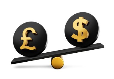 3d Altın Pound ve Dolar Sembolü 3d Denge Ağırlığı Tahterevallisi, 3d illüstrasyonlu Siyah Simgeler