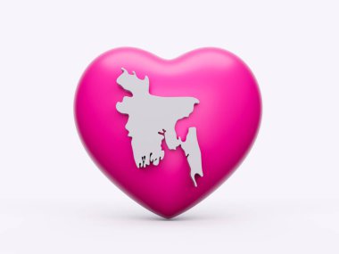 Bangladeş 'in 3d Beyaz Haritalı 3d Pembe Kalbi Beyaz Arkaplanda İzole Edilmiş, 3d İllüstrasyon