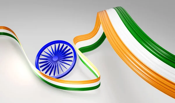 3次元インドの旗3次元波光沢のあるインドのリボンの旗白い背景 3次元イラスト — ストック写真