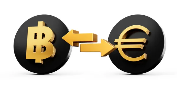 Golden Baht Euro Symbol Rounded Black Icons Money Exchange Arrows — Stock Photo, Image