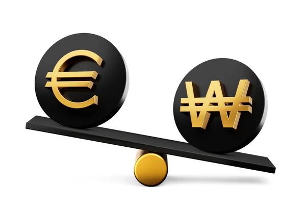 Golden Euro Won Symbol Rounded Black Icons Balance Weight Seesaw — 스톡 사진