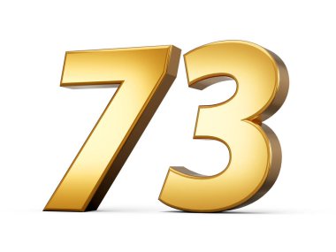 73 numaralı altın, 73 numaralı, izole edilmiş beyaz arka plan. Altın rengi 3D resimden yapılmış parlak 3D numara