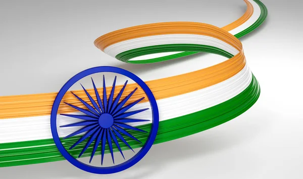 3次元インドの旗3次元波光沢のあるインドのリボンの旗白い背景 3次元イラスト — ストック写真