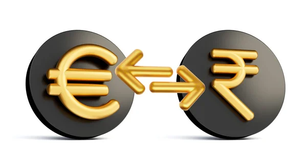お金の交換矢印と丸みを帯びた黒のアイコンに3Dゴールデンユーロとルピーのシンボル 3Dイラスト — ストック写真