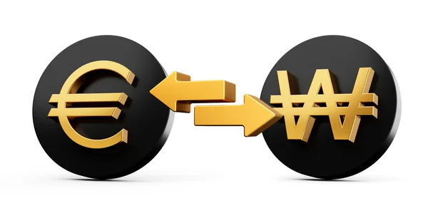 Gouden Euro Won Symbool Afgeronde Zwarte Pictogrammen Met Geld Wisselen — Stockfoto