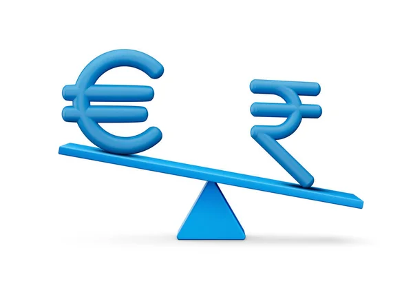 Ícones Azuis Símbolo Euro Rupia Com Equilíbrio Azul Peso Seesaw — Fotografia de Stock