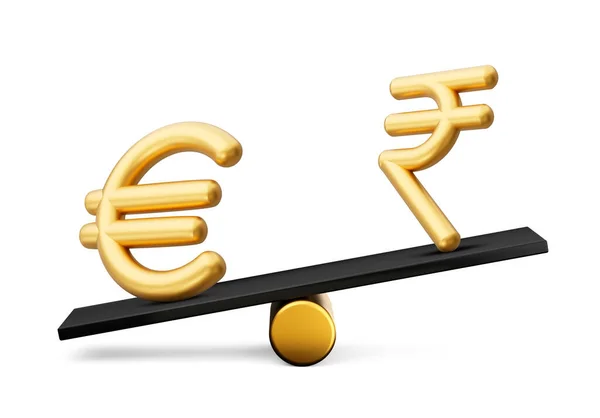 Golden Euro Rupee Symbool Pictogrammen Met Black Balance Weight Seesaw — Stockfoto
