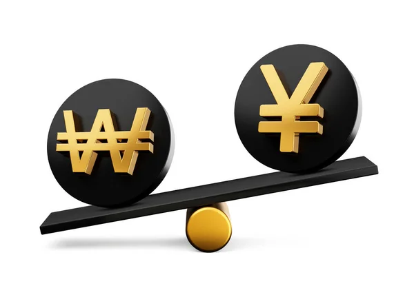 Golden Won Och Yen Symbol Rundade Svarta Ikoner Med Balans — Stockfoto