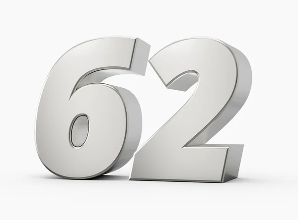 3Dシャイニーシルバー番号62 白い背景に隔離された62個の3Dシルバー番号 3Dイラスト — ストック写真