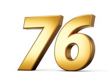 76 numaralı altın 76 numara izole edilmiş beyaz arka plan. Altın rengi 3D resimden yapılmış parlak 3D numara
