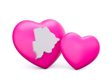 3D Parlak Pembe Kalpler, Botswana 'nın Beyaz Haritası Beyaz Arkaplanda İzole Edilmiş, 3D Görüntü