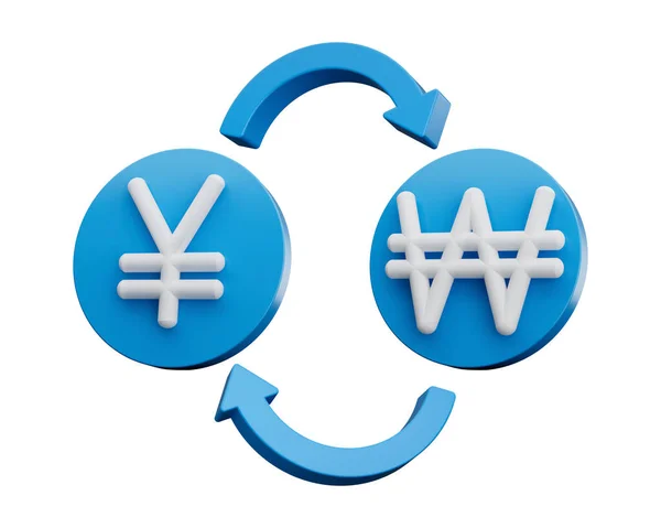 3D白色日元与圆蓝色图标与货币交换箭上的符号 3D例证 — 图库照片