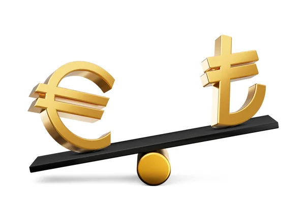 Golden Euro Lira Symbool Pictogrammen Met Black Balance Weight Seesaw — Stockfoto