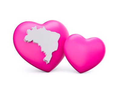 3d Parlak Pembe Kalpler, beyaz arkaplanda izole edilmiş 3 boyutlu beyaz Brezilya Haritası, 3 boyutlu illüstrasyon