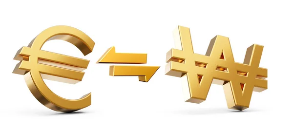 Golden Euro Won Symbol Icons Money Exchange Arrows White Background — 스톡 사진