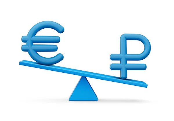 Blauwe Euro Ruble Symbool Pictogrammen Met Blauwe Balans Gewicht Seesaw — Stockfoto