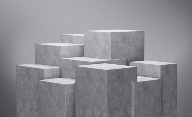 3D Dokuz Gri Boş Beton Podyumu Gri Arkaplanda İzole Edildi, 3D Görüntü
