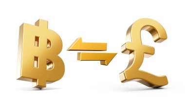 3D Altın Baht ve Pound Sembol Simgeleri Para Takas Okları Beyaz Arkaplan 3D illüstrasyon