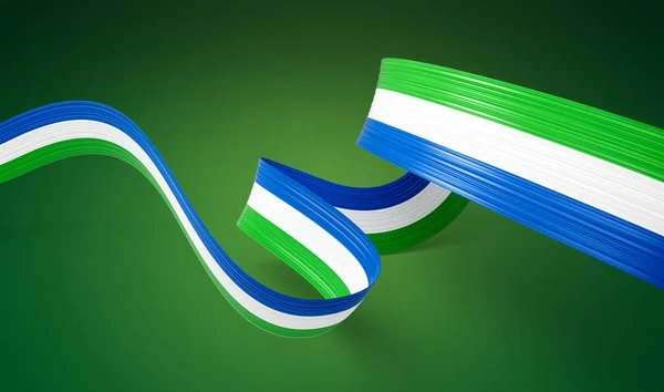 シエラレオネの3D旗 緑の背景に3D波光沢のあるシエラレオネリボン 3Dイラスト — ストック写真