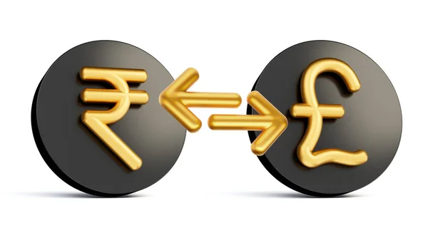 Golden Rupee Και Pound Σύμβολο Στρογγυλεμένες Μαύρες Εικόνες Βέλη Ανταλλαγής — Φωτογραφία Αρχείου
