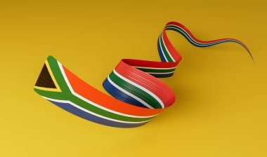 3d Güney Afrika Bayrağı 3d Dalgalı Parlak Güney Afrika Kurdelesi Sarı Arkaplanda, 3d illüstrasyon