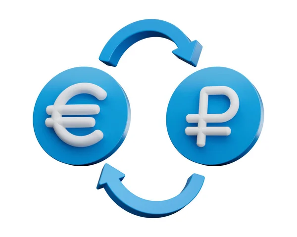 White Euro Ruble Symbol Rounded Blue Icons Money Exchange Arrows — Stock Photo, Image