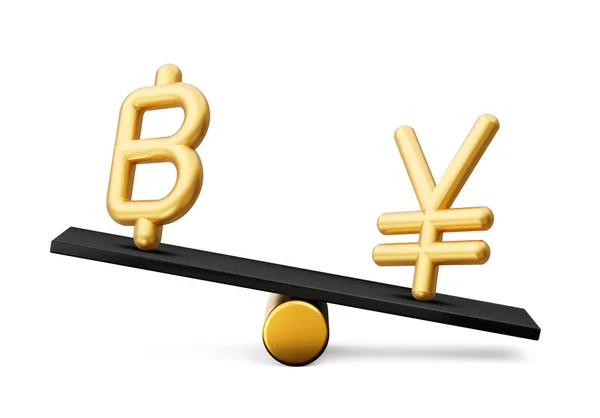 Golden Baht Och Yen Symbol Ikoner Med Svart Balans Vikt — Stockfoto