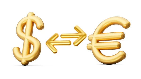 ホワイトの背景にお金の交換矢印と3Dゴールデンドルとユーロのシンボルアイコン3Dイラスト — ストック写真