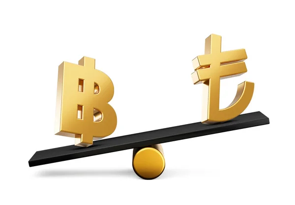 Golden Baht Lira Symbool Pictogrammen Met Black Balance Gewicht Seesaw — Stockfoto