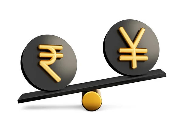 Golden Rupee Yen Symbol Rounded Black Icons Balance Weight Seesaw — 스톡 사진