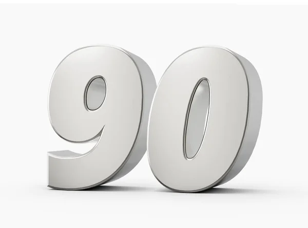 3D光沢のあるシルバー番号90 白の背景に隔離された90 3Dシルバー番号 3Dイラスト — ストック写真