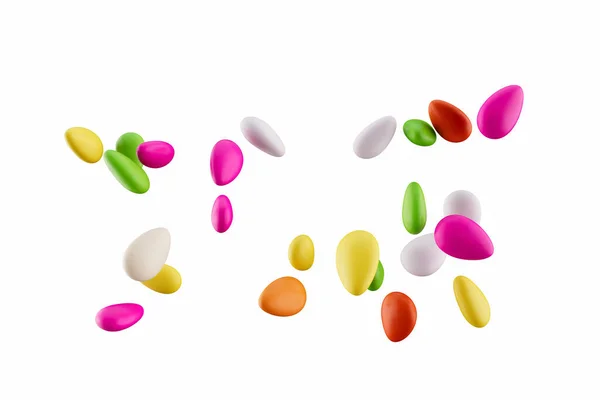 3d Colorful Almond Candies Sugar Coated Almond Candies Falling On White background, 3d illustration
