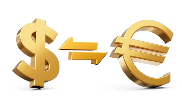 ホワイトの背景にお金の交換矢印と3Dゴールデンドルとユーロのシンボルアイコン3Dイラスト — ストック写真