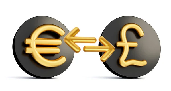 お金の交換矢印と丸みを帯びた黒のアイコンに3Dゴールデンユーロとポンドのシンボル 3Dイラスト — ストック写真