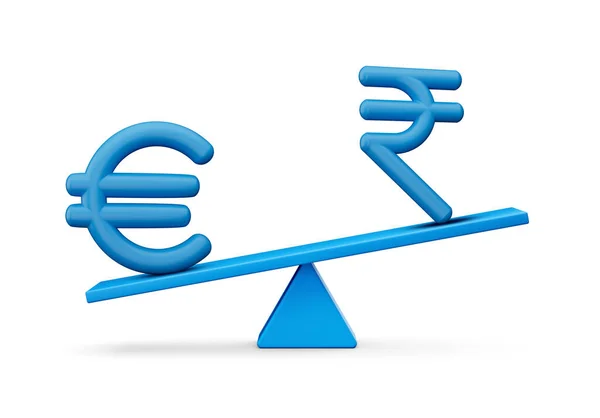 Blauwe Euro Rupee Symbool Pictogrammen Met Blauwe Balans Gewicht Seesaw — Stockfoto