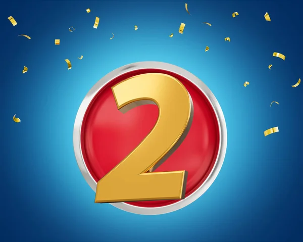 Gold Number 2 Gold Number Two On Rounded Red Icon with Particles On Blue Background, 3d illustration